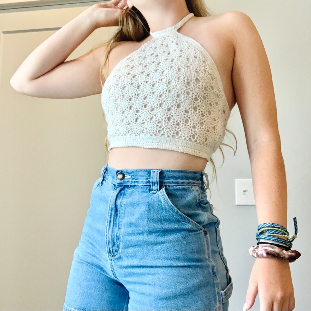 White Crochet knitted boho halter strap crop top
